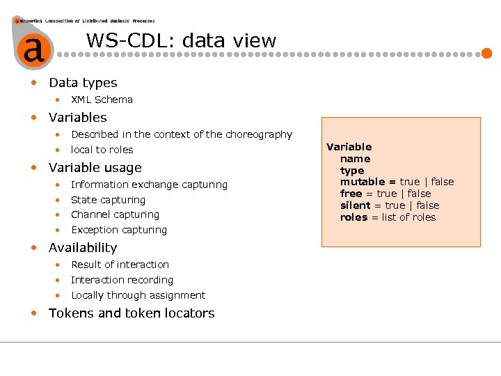 WS-CDL: data view • Data types • XML Schema • Variables • Described in