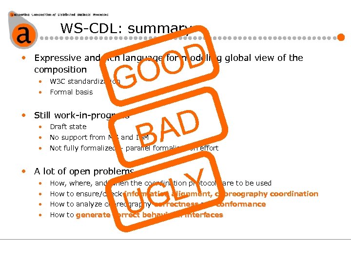 WS-CDL: summary D O O • Expressive and rich language for modeling global view