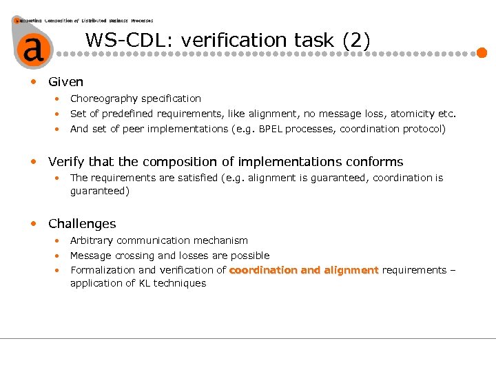 WS-CDL: verification task (2) • Given • Choreography specification • Set of predefined requirements,