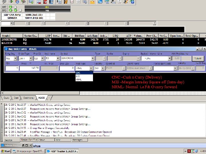 CNC –Cash n Carry (Delivery) MIS –Margin Intraday Square off (Intra-day) NRML- Normal i.