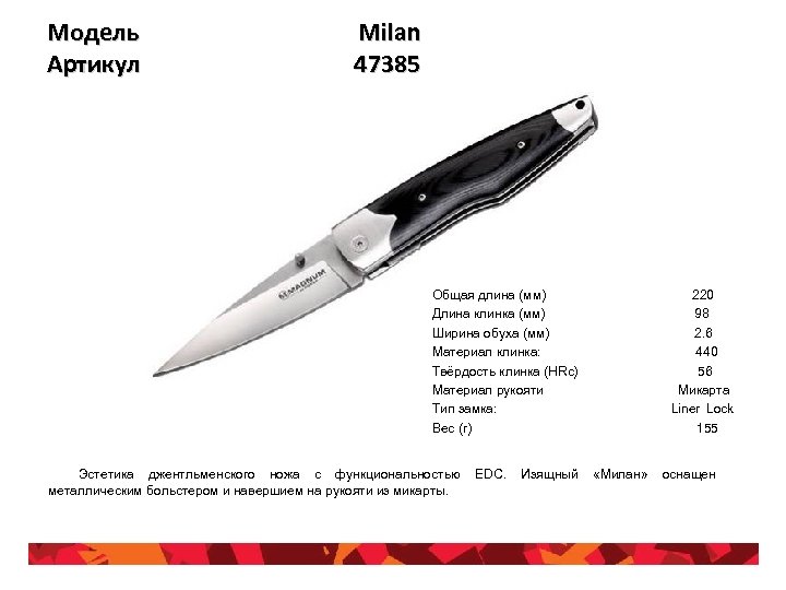 Модель Артикул Milan 47385 Общая длина (мм) Длина клинка (мм) Ширина обуха (мм) Материал