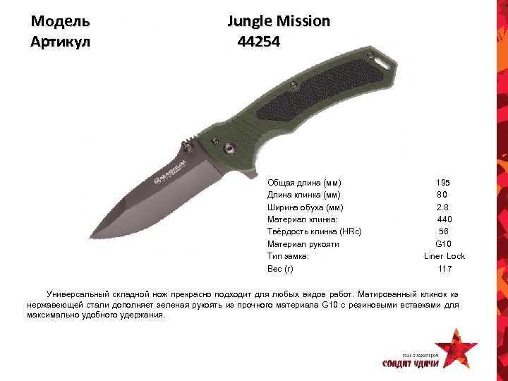 Модель Артикул Jungle Mission 44254 Общая длина (мм) Длина клинка (мм) Ширина обуха (мм)