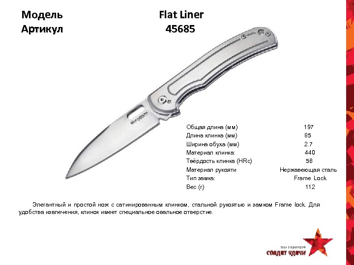 Модель Артикул Flat Liner 45685 Общая длина (мм) Длина клинка (мм) Ширина обуха (мм)
