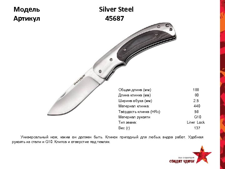 Модель Артикул Silver Steel 45687 Общая длина (мм) Длина клинка (мм) Ширина обуха (мм)