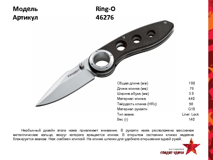 Модель Артикул Ring-O 46276 Общая длина (мм) Длина клинка (мм) Ширина обуха (мм) Материал