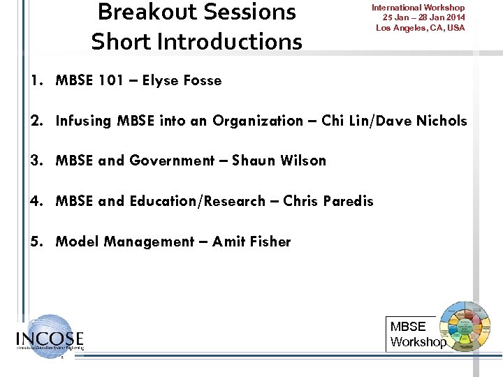 Breakout Sessions Short Introductions International Workshop 25 Jan – 28 Jan 2014 Los Angeles,