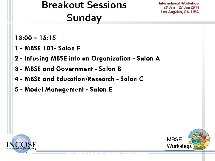 Breakout Sessions Sunday International Workshop 25 Jan – 28 Jan 2014 Los Angeles, CA,
