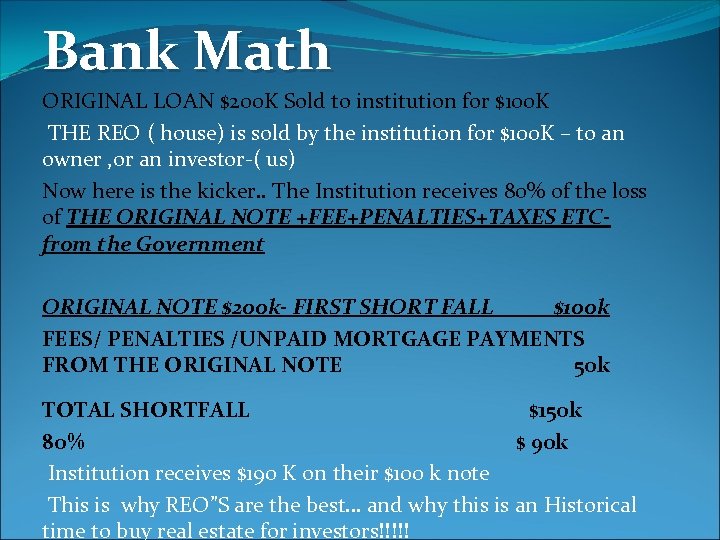 Bank Math ORIGINAL LOAN $200 K Sold to institution for $100 K THE REO