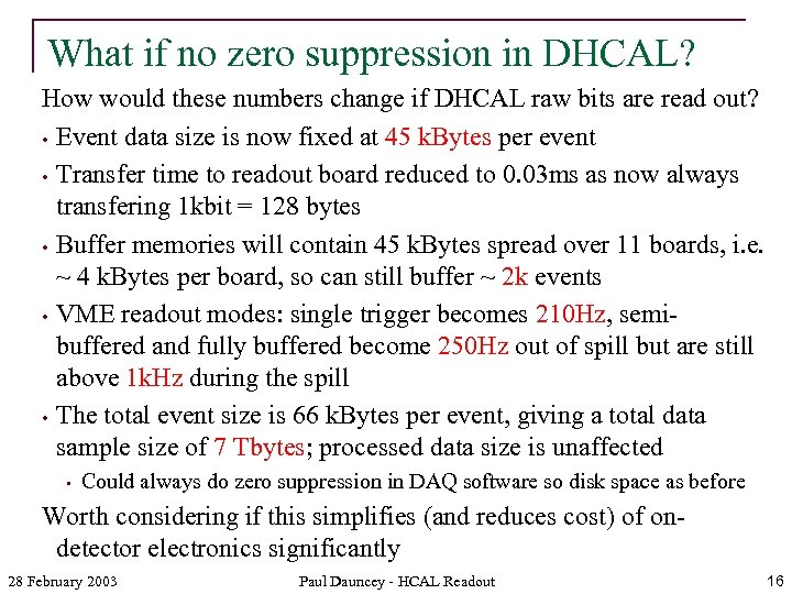 What if no zero suppression in DHCAL? How would these numbers change if DHCAL