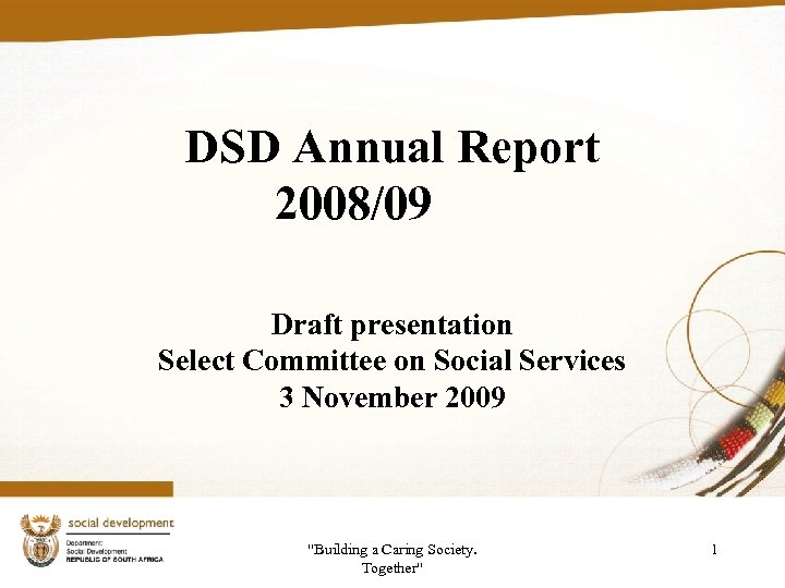 DSD Annual Report 2008/09 Draft presentation Select Committee on Social Services 3 November 2009