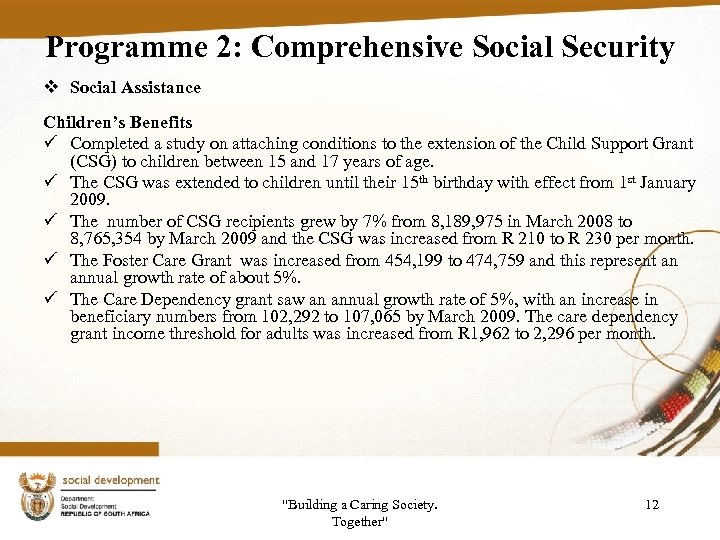 Programme 2: Comprehensive Social Security v Social Assistance Children’s Benefits ü Completed a study
