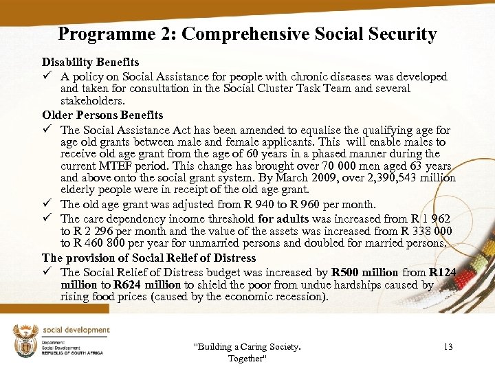 Programme 2: Comprehensive Social Security Disability Benefits ü A policy on Social Assistance for