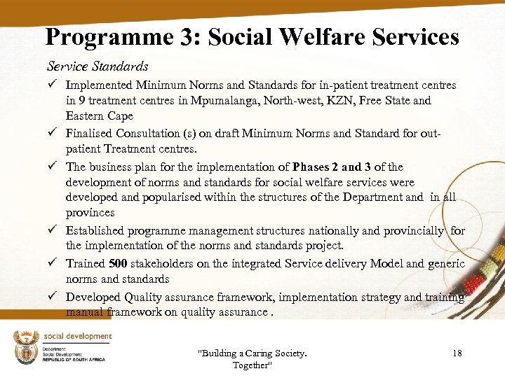 Programme 3: Social Welfare Services Service Standards ü Implemented Minimum Norms and Standards for