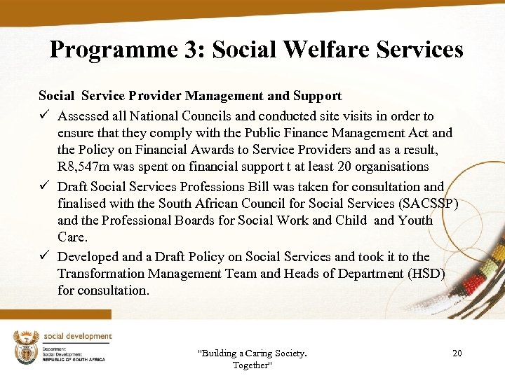 Programme 3: Social Welfare Services Social Service Provider Management and Support ü Assessed all