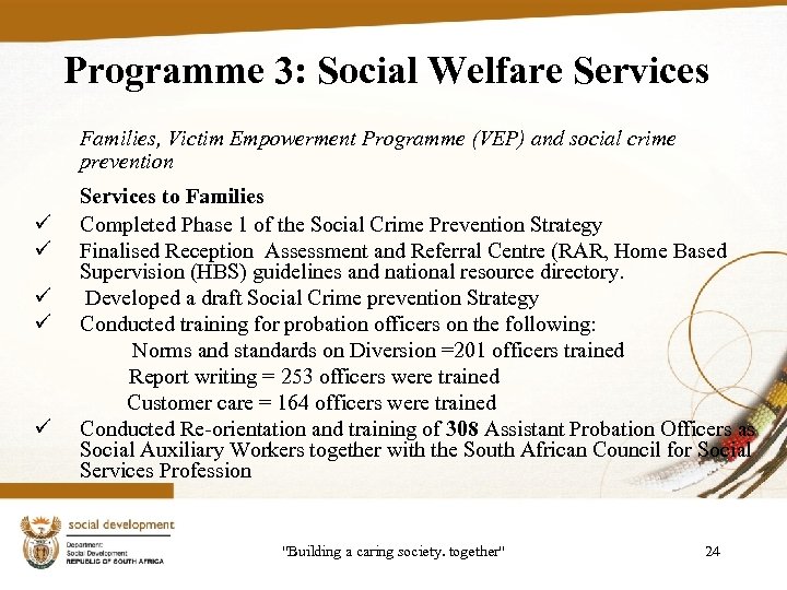 Programme 3: Social Welfare Services Families, Victim Empowerment Programme (VEP) and social crime prevention