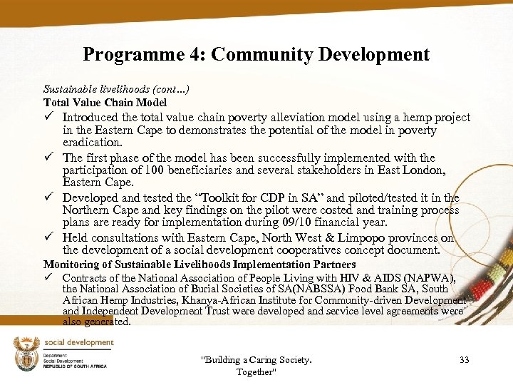 Programme 4: Community Development Sustainable livelihoods (cont…) Total Value Chain Model ü Introduced the