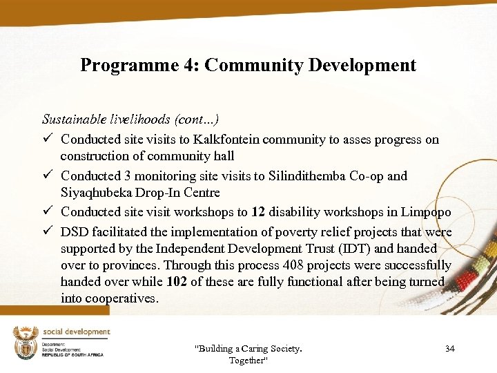 Programme 4: Community Development Sustainable livelihoods (cont…) ü Conducted site visits to Kalkfontein community
