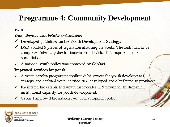 Programme 4: Community Development Youth Development Policies and strategies ü Developed guidelines on the