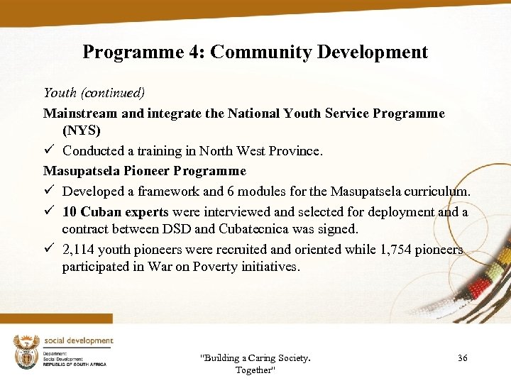 Programme 4: Community Development Youth (continued) Mainstream and integrate the National Youth Service Programme