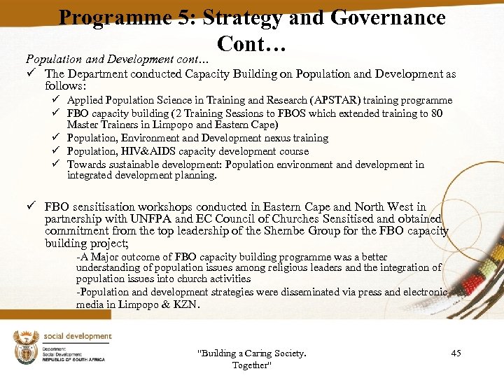 Programme 5: Strategy and Governance Cont… Population and Development cont… ü The Department conducted