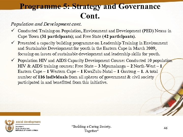 Programme 5: Strategy and Governance Cont. Population and Development cont. ü Conducted Training on