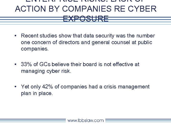 ENTERPRISE RISKS: LACK OF ACTION BY COMPANIES RE CYBER EXPOSURE • Recent studies show