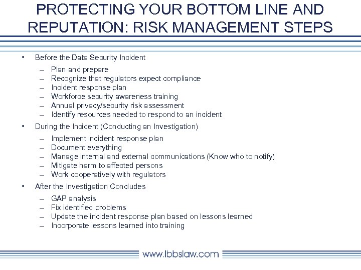 PROTECTING YOUR BOTTOM LINE AND REPUTATION: RISK MANAGEMENT STEPS • Before the Data Security