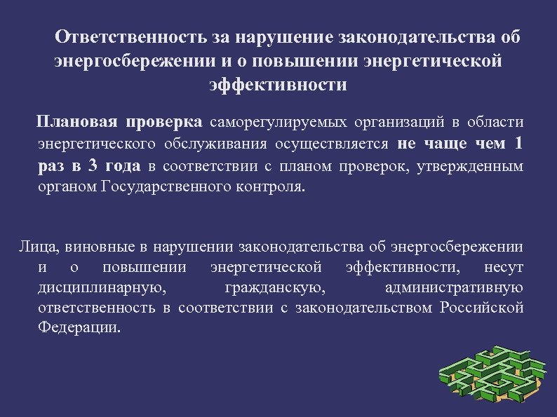 Ответственность за нарушение законодательства об энергосбережении и о повышении энергетической эффективности Плановая проверка саморегулируемых