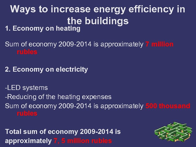 Ways to increase energy efficiency in the buildings 1. Economy on heating Sum of