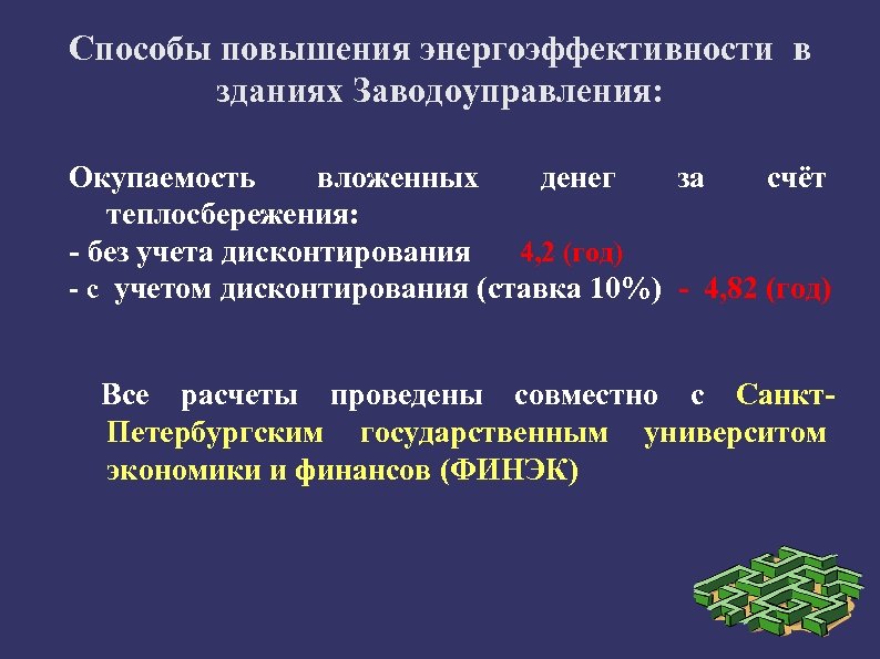 Способы повышения энергоэффективности в зданиях Заводоуправления: Окупаемость вложенных денег за счёт теплосбережения: - без