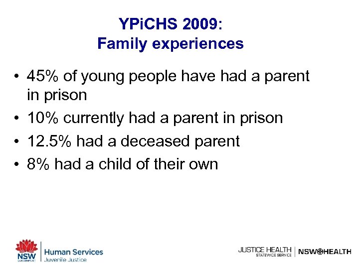 YPi. CHS 2009: Family experiences • 45% of young people have had a parent