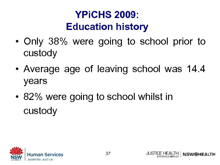 YPi. CHS 2009: Education history • Only 38% were going to school prior to
