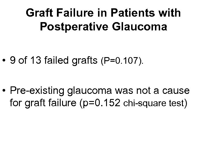 Graft Failure in Patients with Postperative Glaucoma • 9 of 13 failed grafts (P=0.