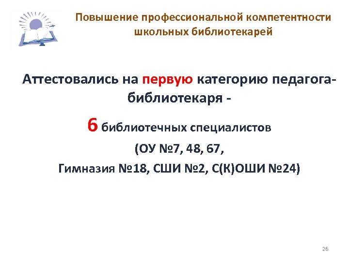 Повышение профессиональной компетентности школьных библиотекарей Аттестовались на первую категорию педагогабиблиотекаря - 6 библиотечных специалистов
