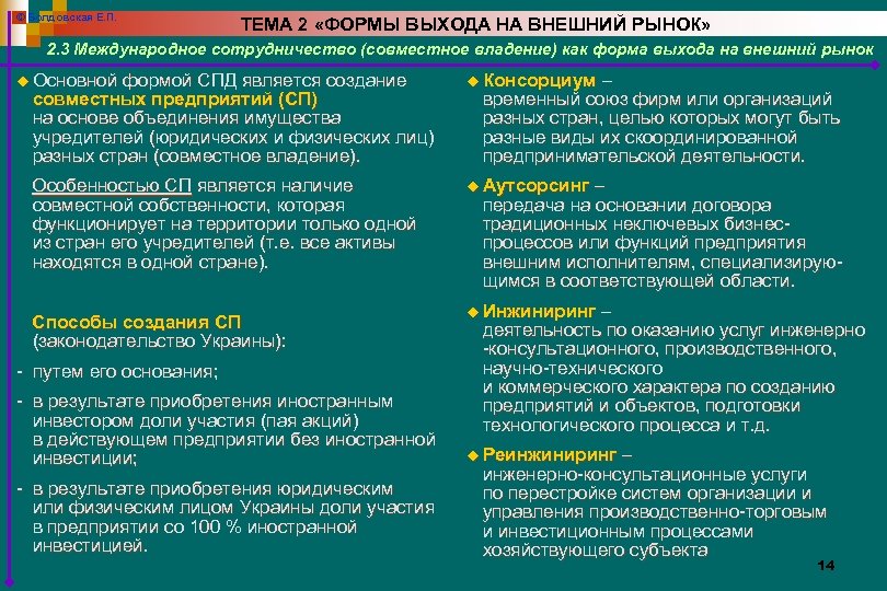 © Болдовская Е. П. ТЕМА 2 «ФОРМЫ ВЫХОДА НА ВНЕШНИЙ РЫНОК» 2. 3 Международное