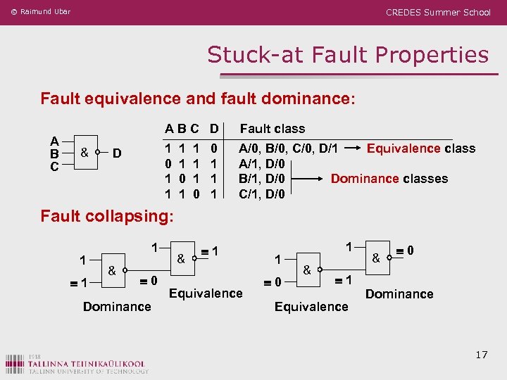 © Raimund Ubar CREDES Summer School Stuck-at Fault Properties Fault equivalence and fault dominance: