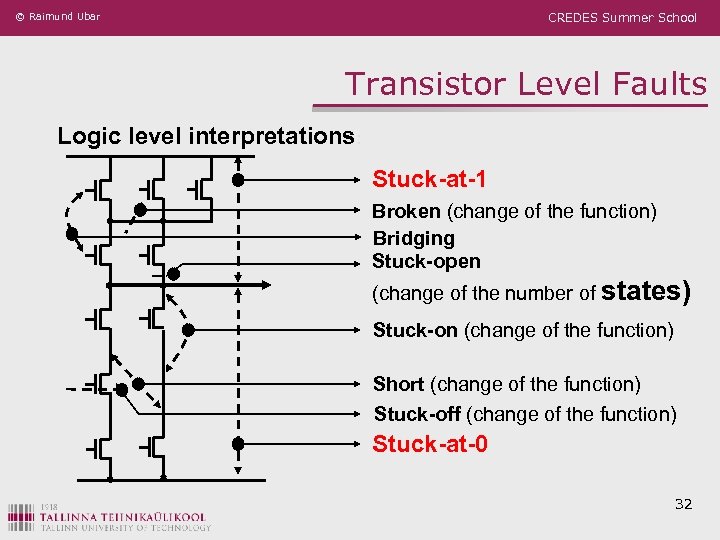 © Raimund Ubar CREDES Summer School Transistor Level Faults Logic level interpretations: Stuck-at-1 Broken