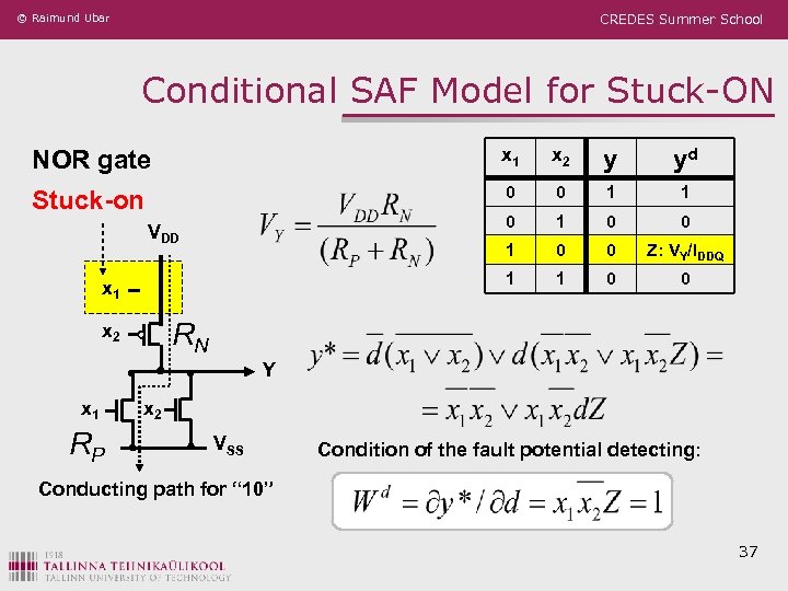 © Raimund Ubar CREDES Summer School Conditional SAF Model for Stuck-ON NOR gate x