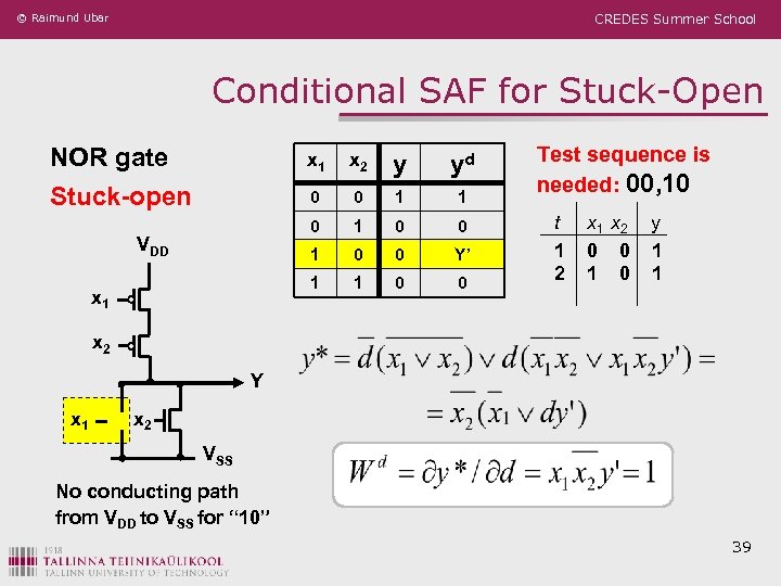 © Raimund Ubar CREDES Summer School Conditional SAF for Stuck-Open NOR gate Stuck-open x