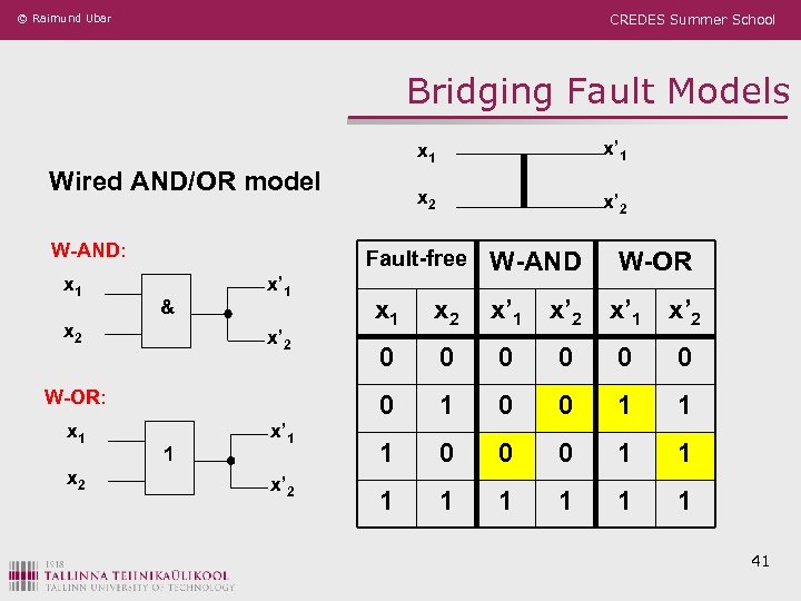 © Raimund Ubar CREDES Summer School Bridging Fault Models x 1 x 2 Wired