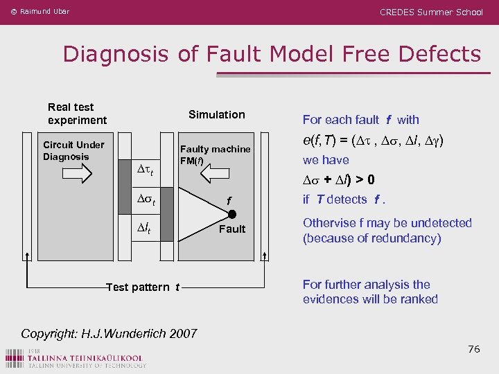 © Raimund Ubar CREDES Summer School Diagnosis of Fault Model Free Defects Real test