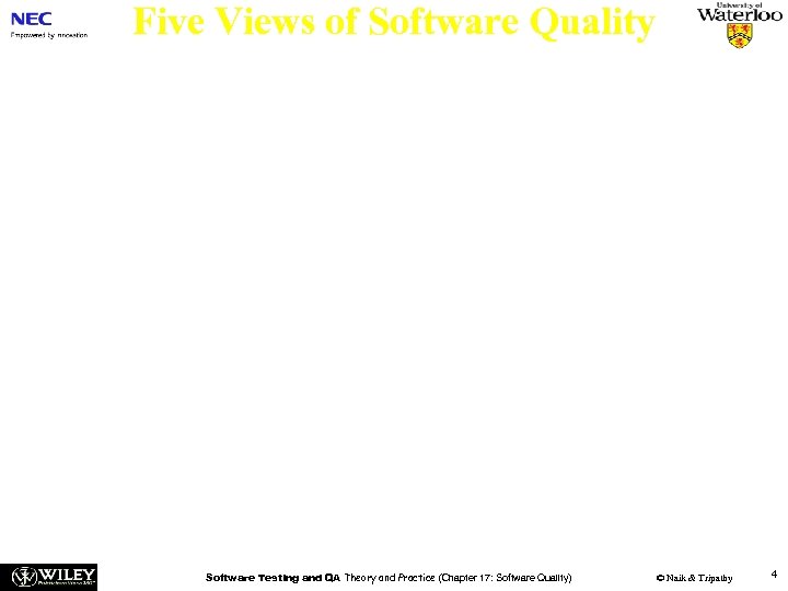 Five Views of Software Quality n Transcendental view – Quality is something that can