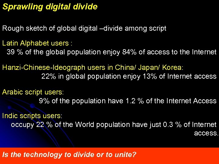 Sprawling digital divide Rough sketch of global digital –divide among script Latin Alphabet users