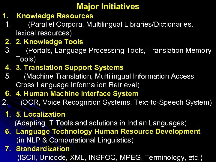 Major Initiatives 1. Knowledge Resources 1. (Parallel Corpora, Multilingual Libraries/Dictionaries, lexical resources) 2. 2.