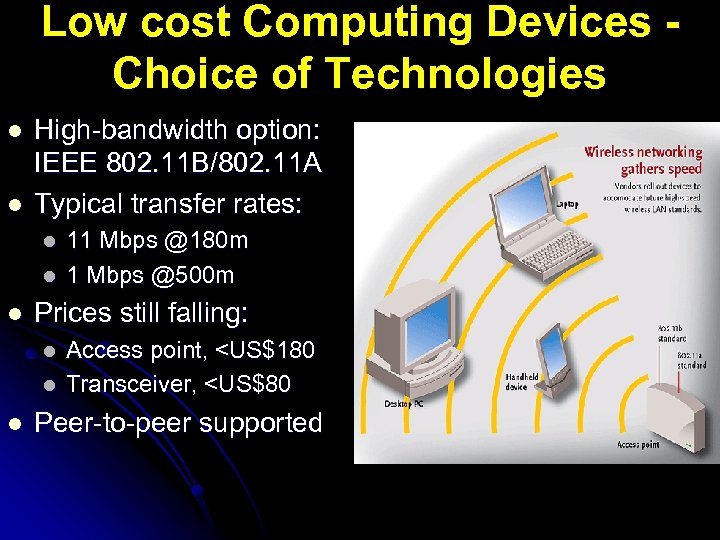 Low cost Computing Devices Choice of Technologies l l High-bandwidth option: IEEE 802. 11