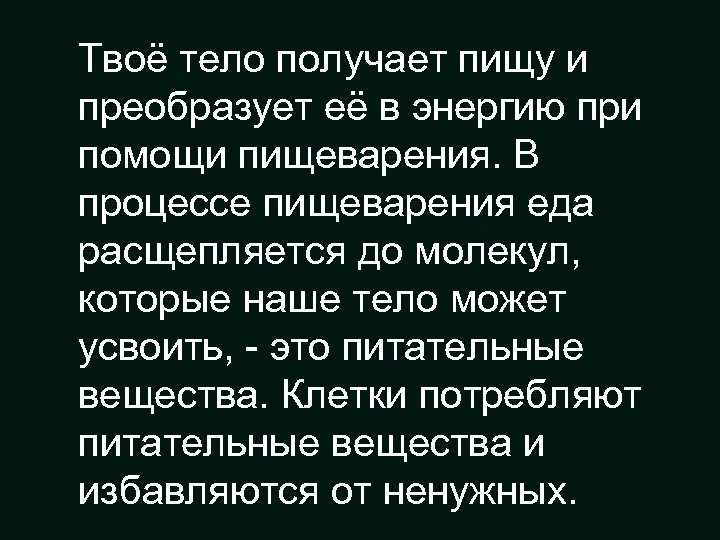 Твоё тело получает пищу и преобразует её в энергию при помощи пищеварения. В процессе