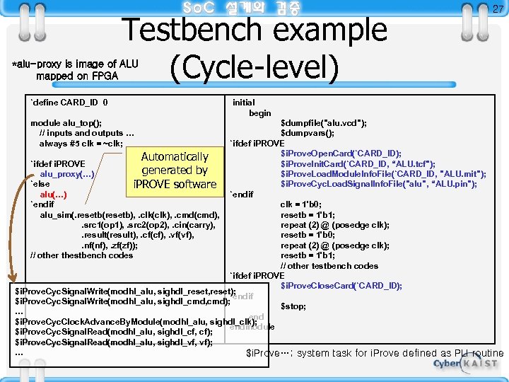 Testbench example (Cycle-level) 27 *alu-proxy is image of ALU mapped on FPGA `define CARD_ID