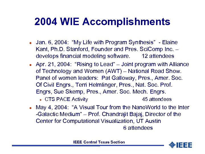 2004 WIE Accomplishments l l Jan. 6, 2004: “My Life with Program Synthesis” -