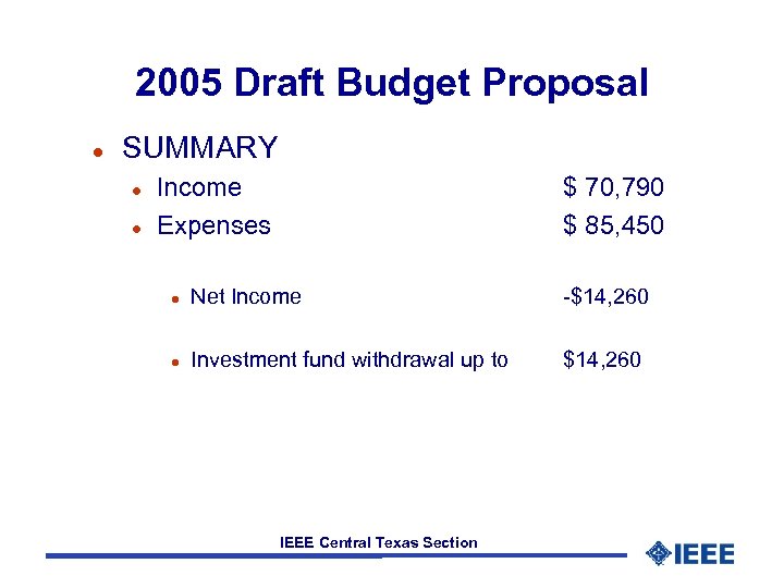 2005 Draft Budget Proposal l SUMMARY l l Income Expenses $ 70, 790 $