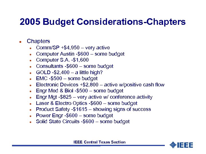 2005 Budget Considerations-Chapters l l l l Comm/SP +$4, 950 – very active Computer
